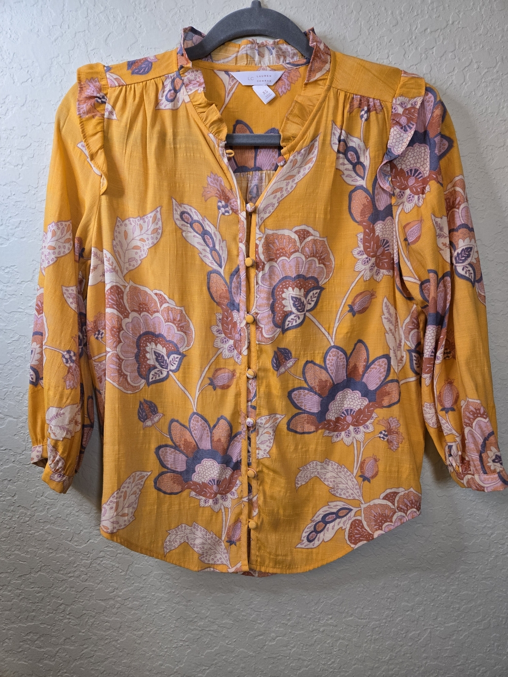 LC Lauren Conrad Mustard Yellow Floral Ruffle Blouse XS Button Front Boho